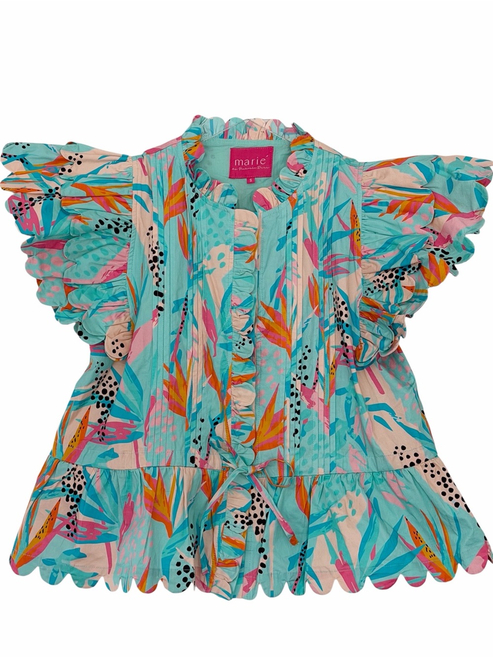 Marie Oliver Turquoise Pink Orange Floral Ruffle Blouse